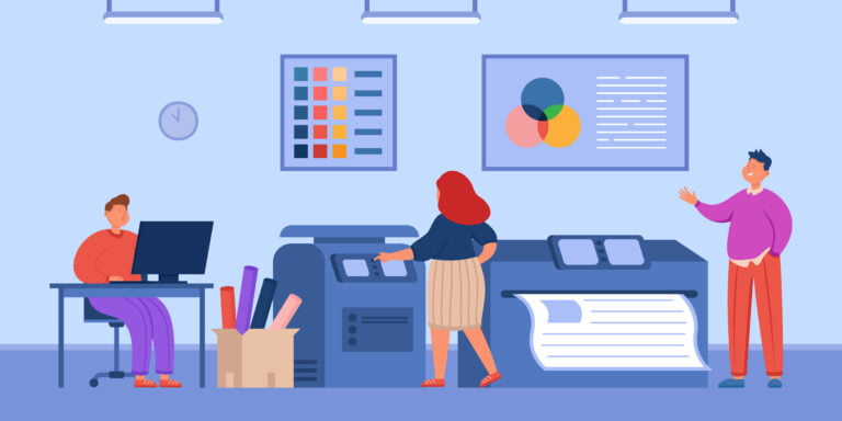 Cartoon humans working at printing house or company